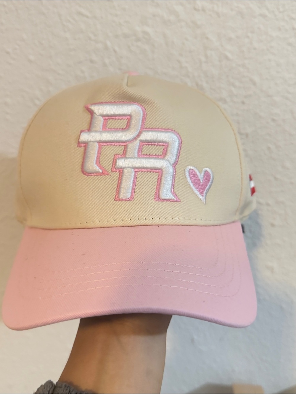 Two-Tone Pink and Cream Baseball Cap with Embroidered Heart Detail